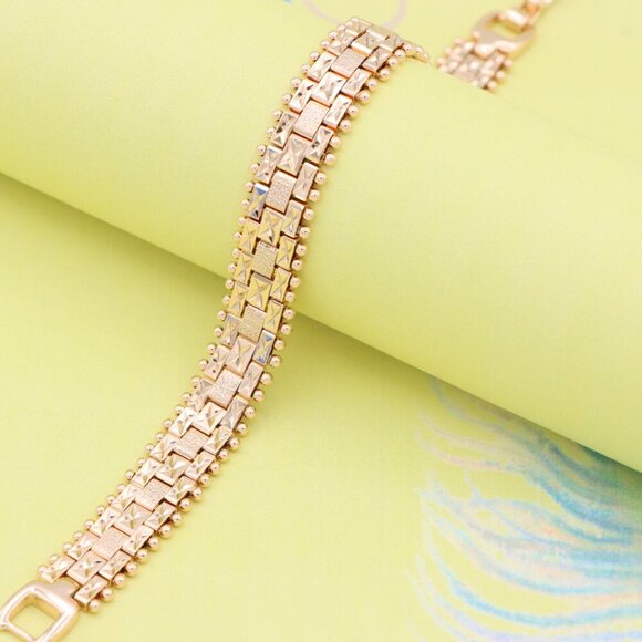 "Rose Gold Textured Link Bracelet with Gold Beaded Border, XPBL0878 - Picture 5 of 12